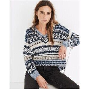 Madewell Forrest Fair Isle V-Neck Sweater Women's L Blue Wool Blend Cozy Phoebe